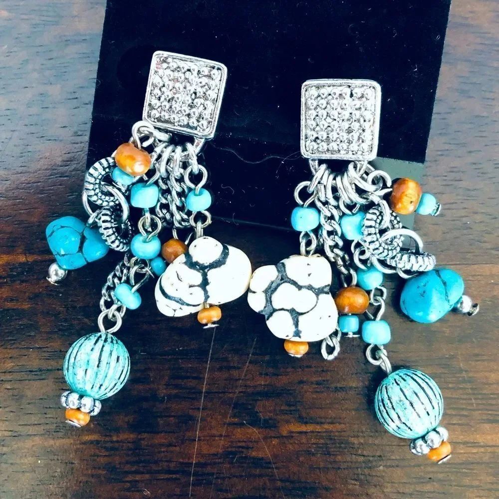 Turquoise Blue Silver Beaded Boho Earrings